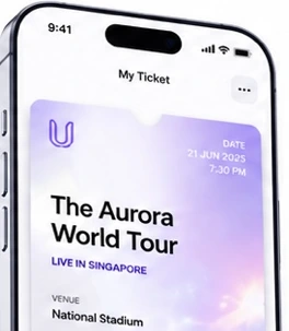 A ticket held on a phone, showing the event name, date and venue.
