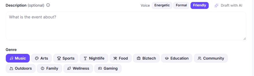 Creating an event: a description field with Energetic, Formal and Friendly voice options, a Draft with AI action, and the twelve event genres.