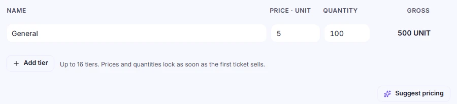 Setting ticket tiers: a name, price and quantity per tier, up to sixteen tiers, with a Suggest pricing action.